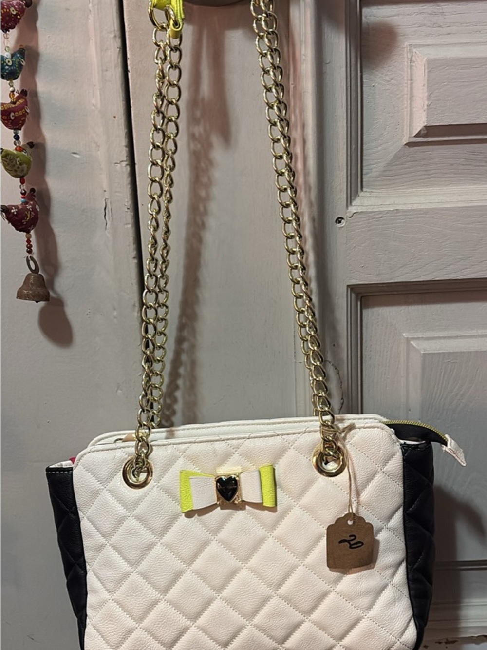 Betsy Johnson Quilted White & Black Shoulder Bag with Yellow Accent Bow